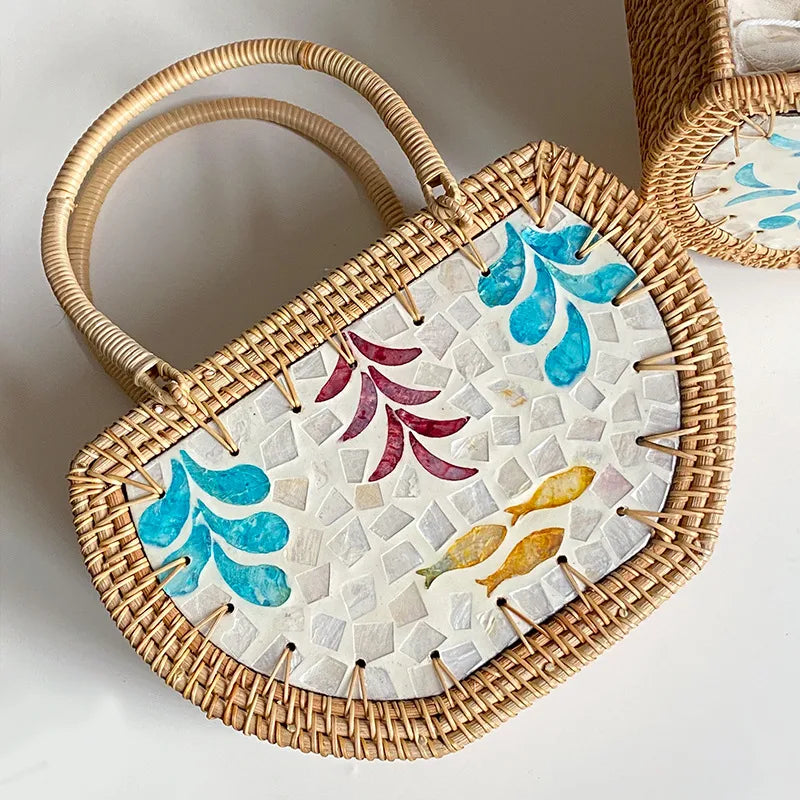 Nordic style handmade basket shell Rattan woven storage picnic travel basket handmade woven handbag
