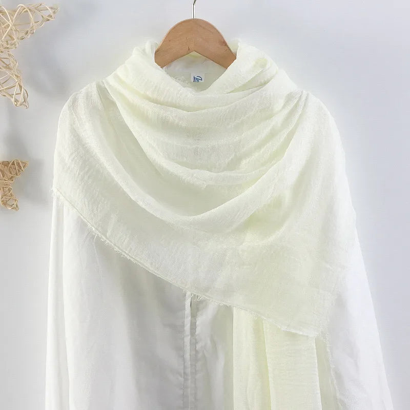 Hot selling solid color pleated cotton and linen scarf  women's bag headscarf crumpled hair fringe bubble scarf women's scarf cover head