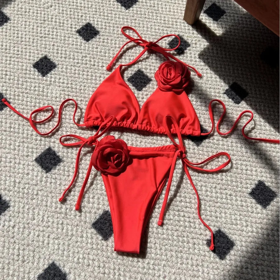 Women's Solid Color Flower 2 Pieces Set Bikinis Swimwear