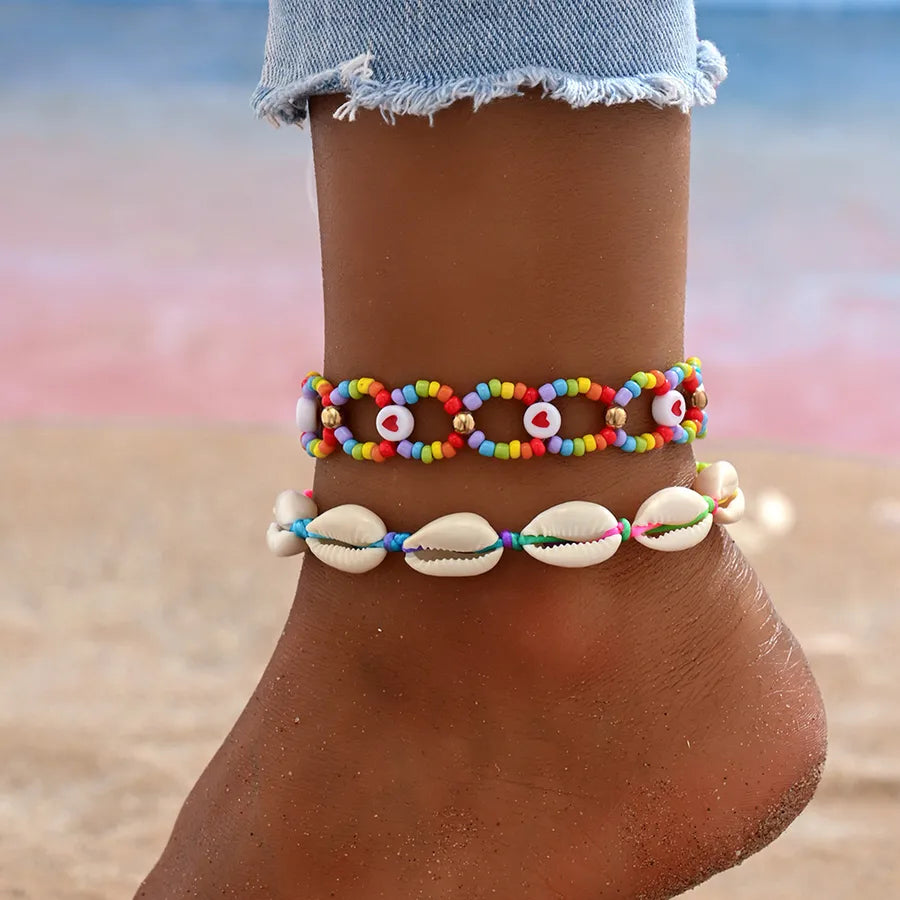 Europe and the United States  new summer beach holiday style dopamine color rice beads beaded foot ornaments shell accessories anklet