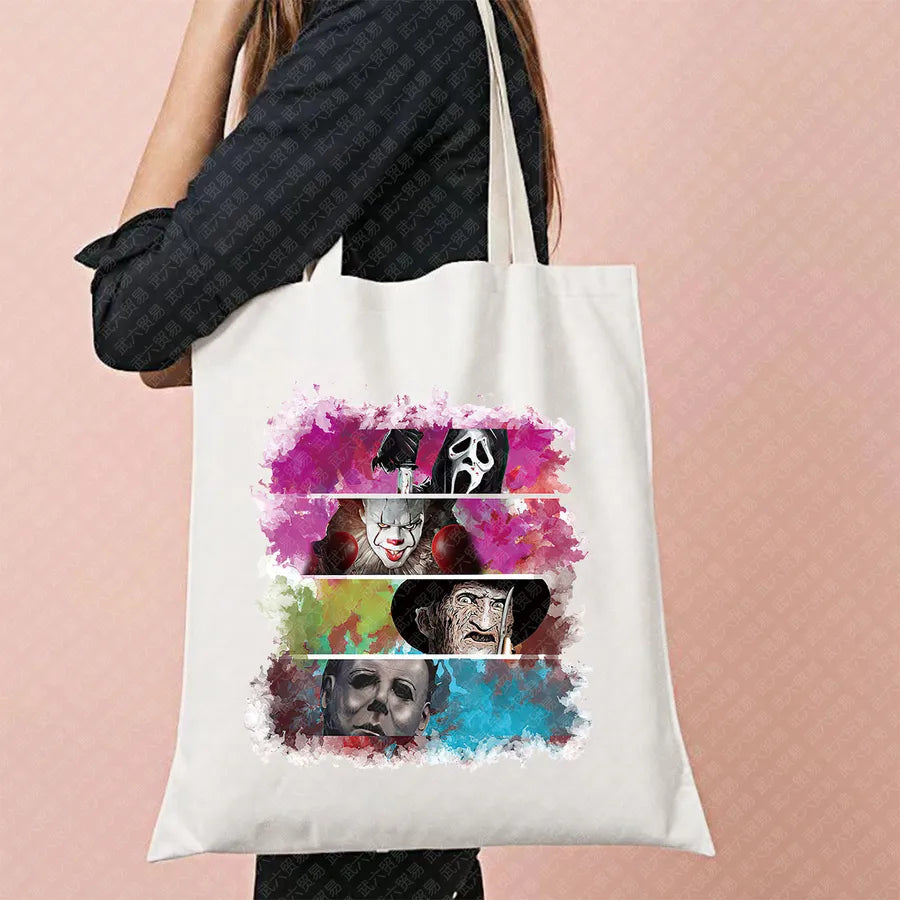 Ghost Pattern Halloween Outdoor Shopping Bag Cute Ghost Design Canvas Tote Bag For Ladies Retro Fashion Printed Large Size