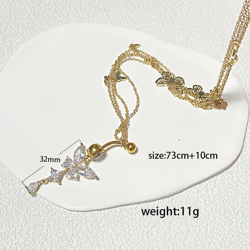 IG Style Simple Style Heart Shape Butterfly 316 Stainless Steel  Alloy Copper Plating Butterfly Inlay Rhinestones Zircon White Gold Plated Gold Plated Women's Waist Chain