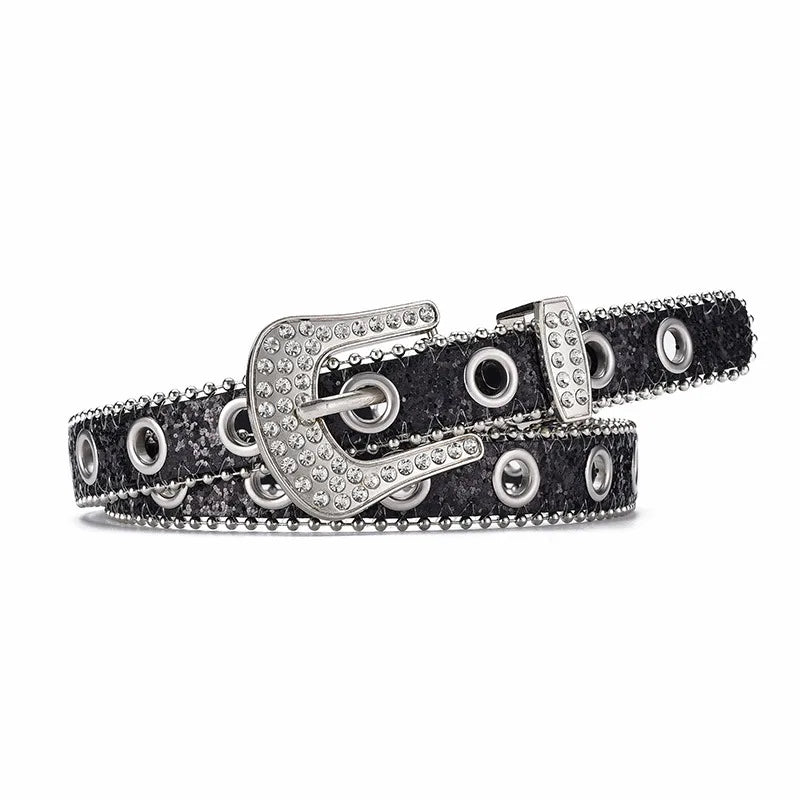 IG Style Shiny Solid Color Pu Leather Alloy Sequins Inlay Rhinestones Women's Leather Belts