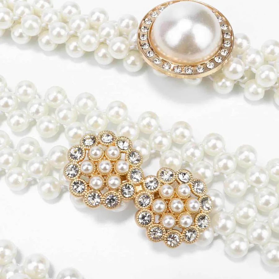 sweet oval flower bow knot imitation pearl metal inlay rhinestones women's chain belts