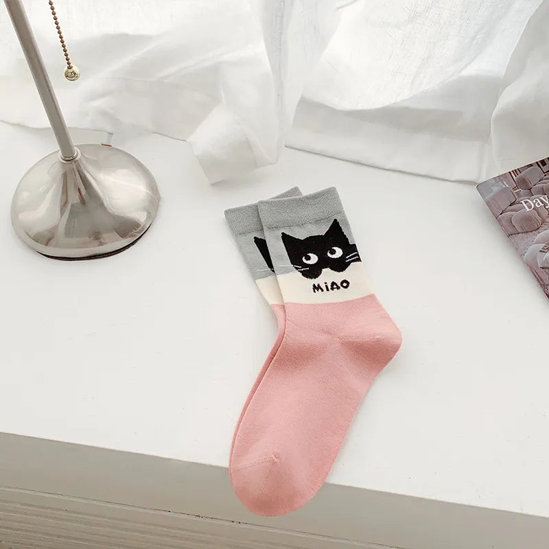 A Pair Cute Sweet Women's Letter Cat Cotton Crew Socks