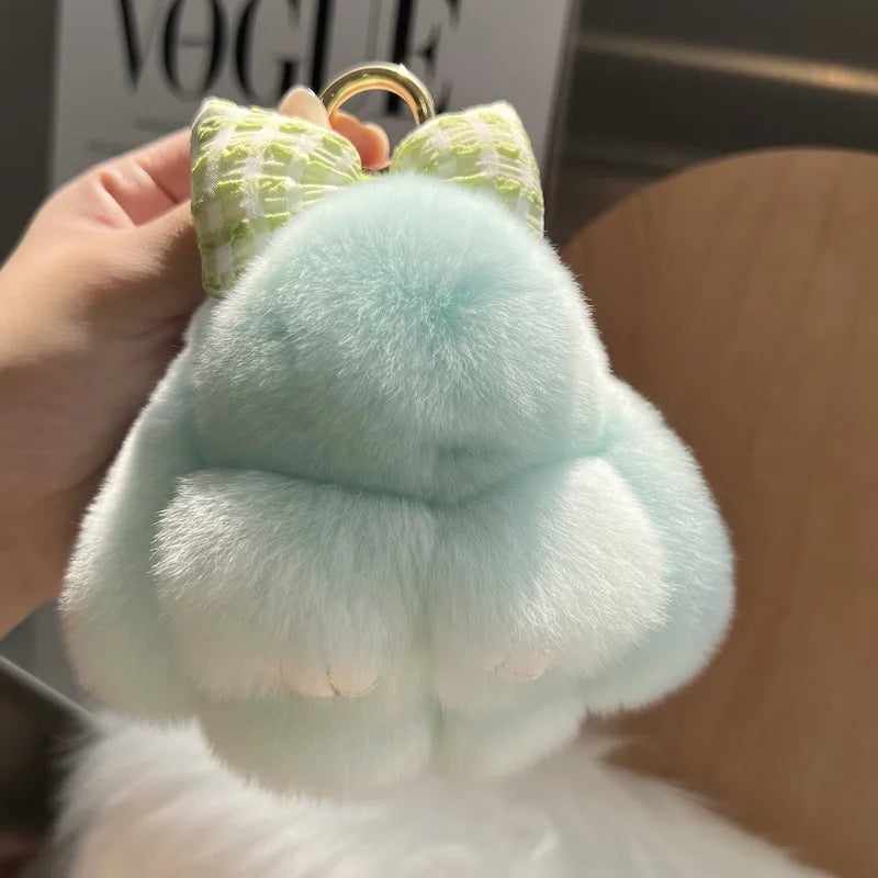 Cute real Rex rabbit fur bow rabbit car key chain pendant plush doll schoolbag bag hanging ornaments wholesale