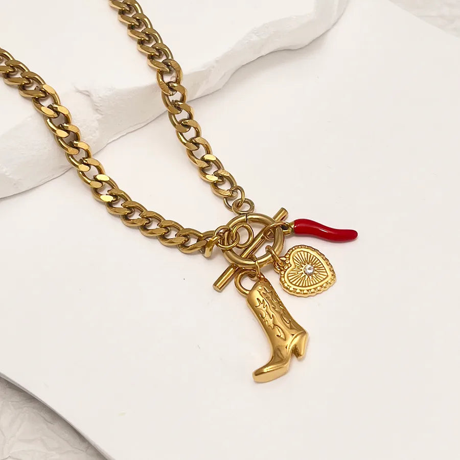 Wholesale Jewelry Vintage Style Cowboy Style Heart Shape chili Boots 304 Stainless Steel 18K Gold Plated Pendant Necklace None