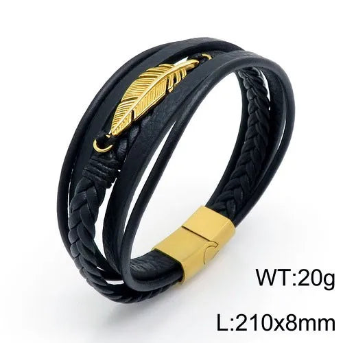 Fashion Feather Stainless Steel Leather Patchwork 18K Gold Plated Men'S Bangle