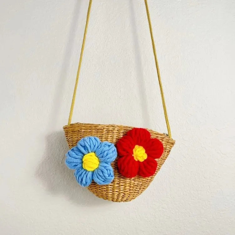 Kid'S Straw Color Block Flower Cute Bucket Zipper Shoulder Bag