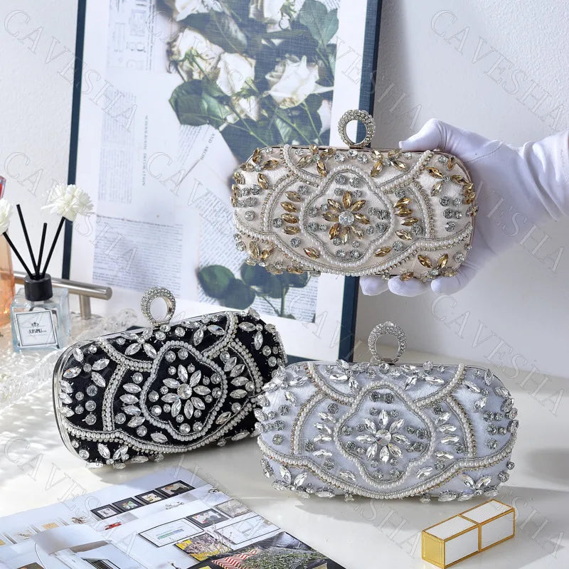 Handmade Beaded Diamond Evening Bag Clutch For Women Square Shape Lock Buckle Closure Polyester Material Embroidery Fashion Element