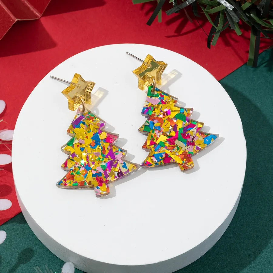 Fashionable Christmas Tree Snowflake Earrings Women's Stylish Christmas Theme Geometric Pattern Asymmetric Handmade Acrylic Jewelry