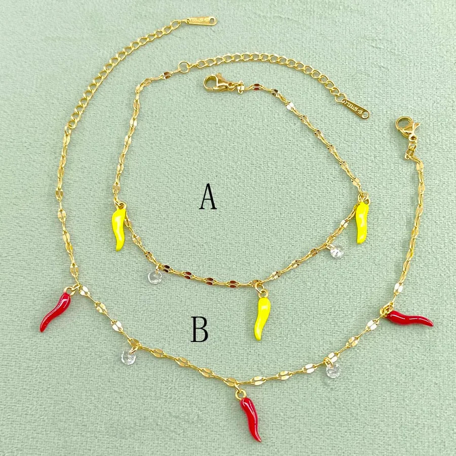 Wholesale Jewelry Cute Pastoral Simple Style chili 304 Stainless Steel Acrylic Zircon 18K Gold Plated Plating Inlay Anklet