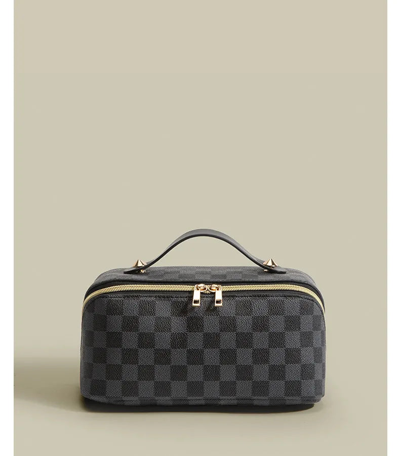 classic style plaid pu leather polyester square makeup bags