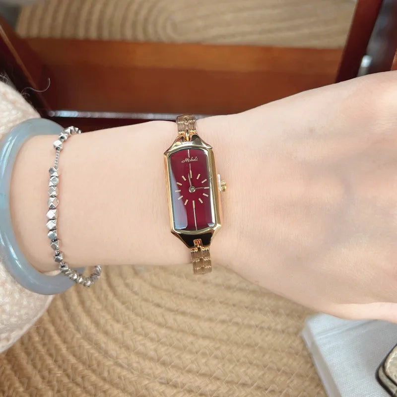 Fashionable Minimalist Retro Rectangle Stainless Steel Band Women's Watch Small Size Alloy Dial Butterfly Double Buckle Clasp