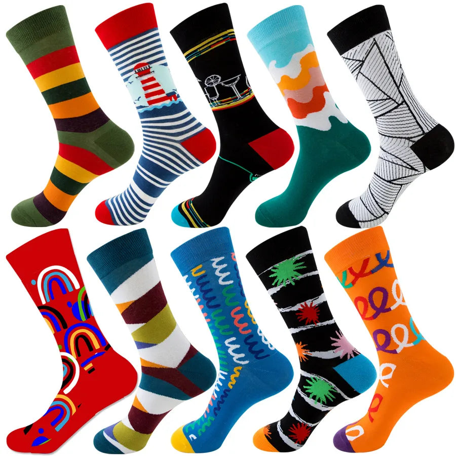 Men's Modern Style Classic Style Color Block Stripe Fruit Cotton Crew Socks A Set of 10 Pairs