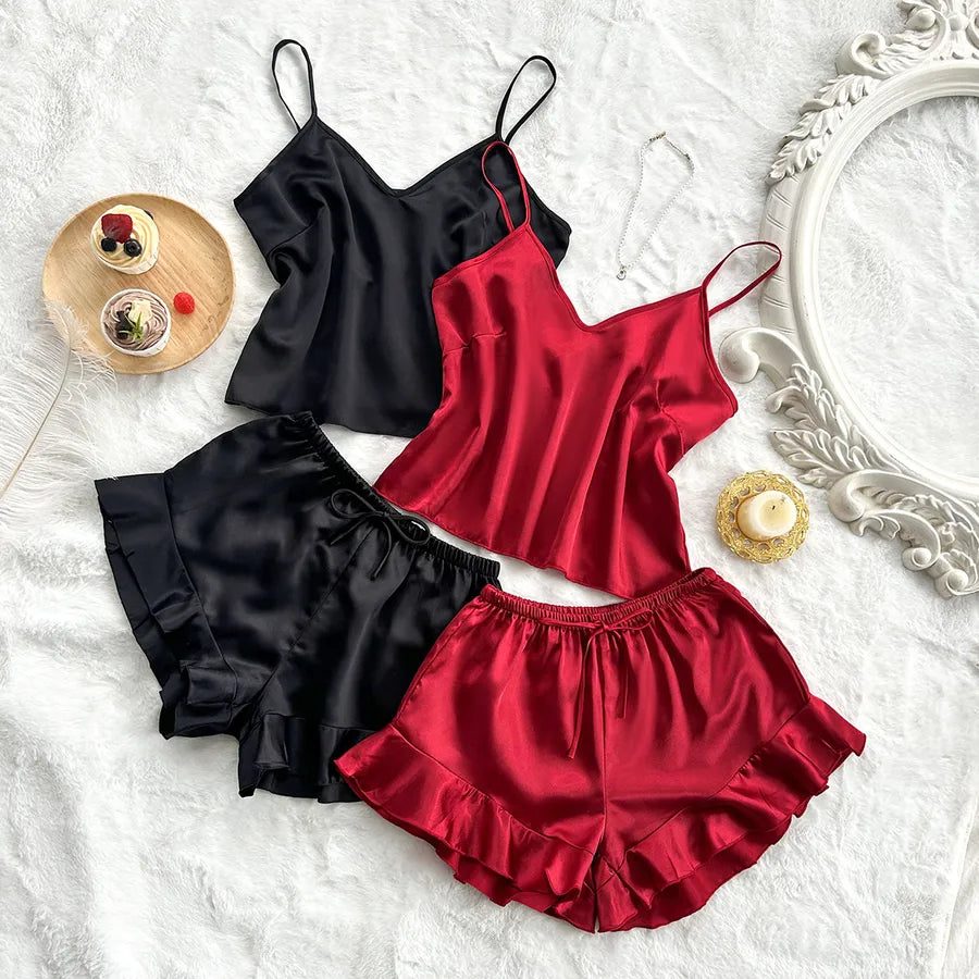 Home Women's Casual Sexy Solid Color Imitated Silk Polyester Shorts Sets Pajama Sets