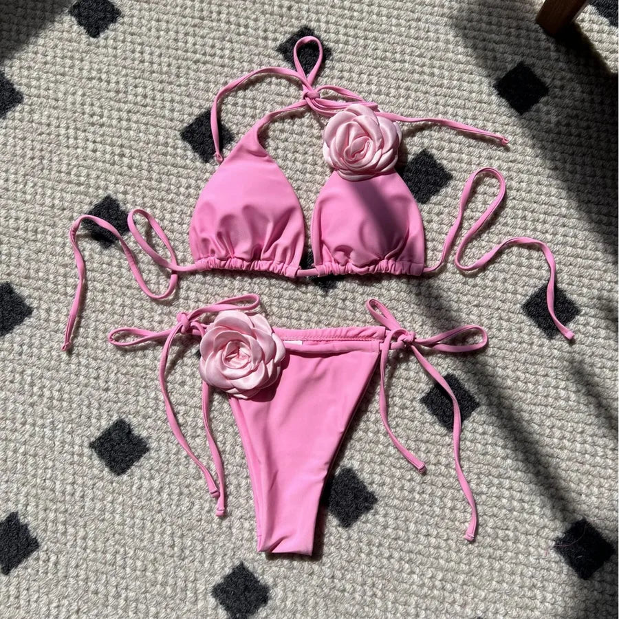 Women's Solid Color Flower 2 Pieces Set Bikinis Swimwear
