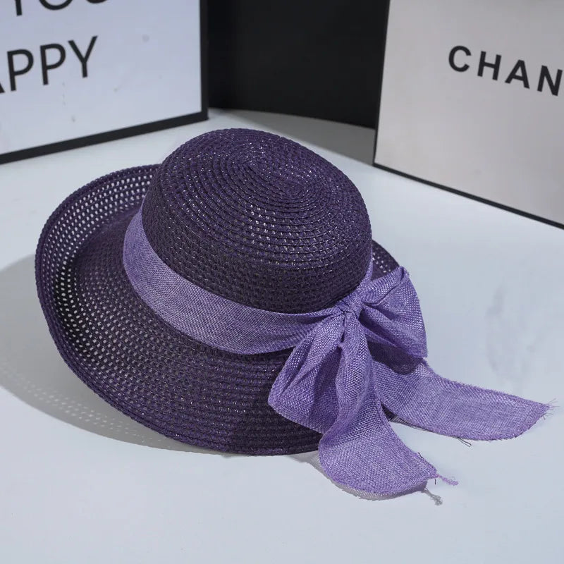 women's vintage style bow knot hollow out crimping straw hat