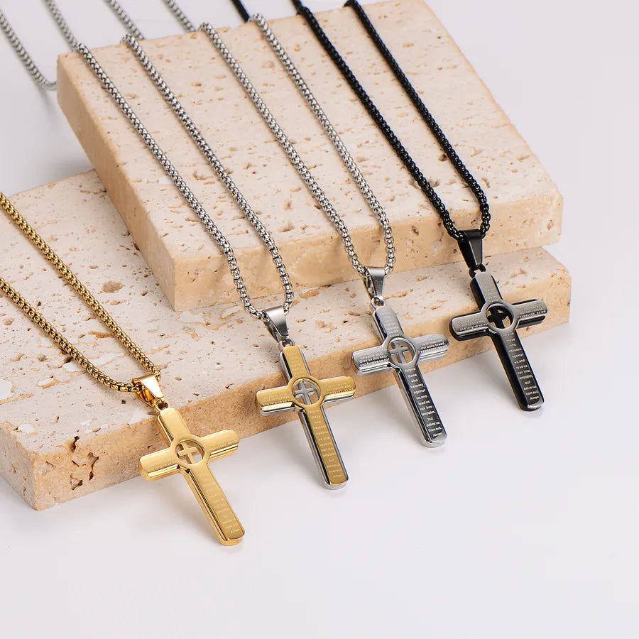 Wholesale Jewelry Retro Vacation Cross 304 Stainless Steel Square Pearl Chain Pendant Necklace