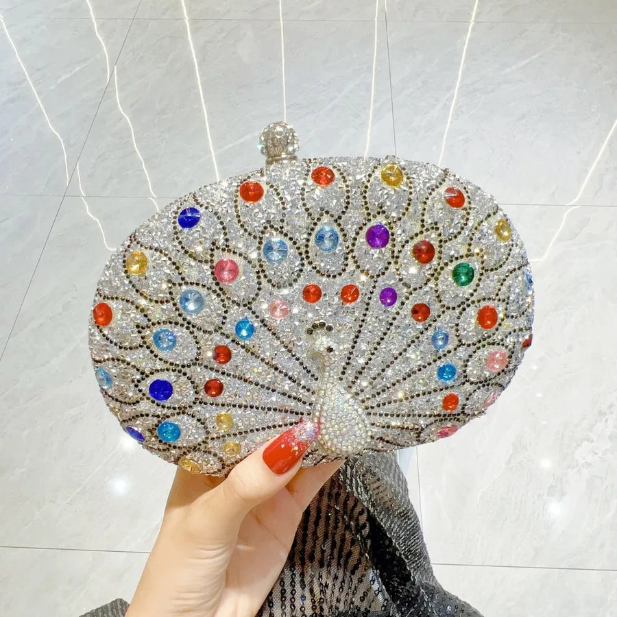 Green Silver Black Polyester Peacock Oval Evening Bags