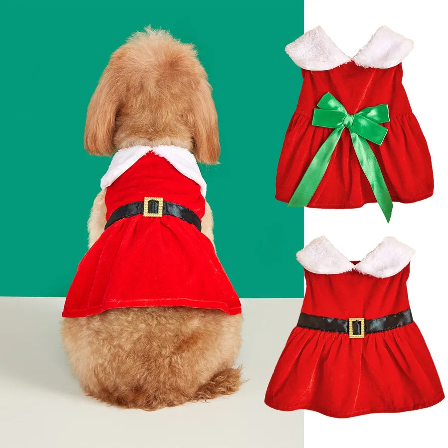 Christmas Theme Green Bow Tie Red Christmas Skirt Warm Small Medium Pet Sweater Princess Style Velvet Material Dog Clothes