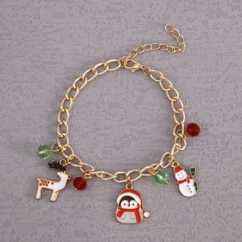 Christmas Themed Crystal Alloy Bracelet Deer Snowman Santa Claus Design Festival Gift Geometric Pattern Cute Unisex Bracelet