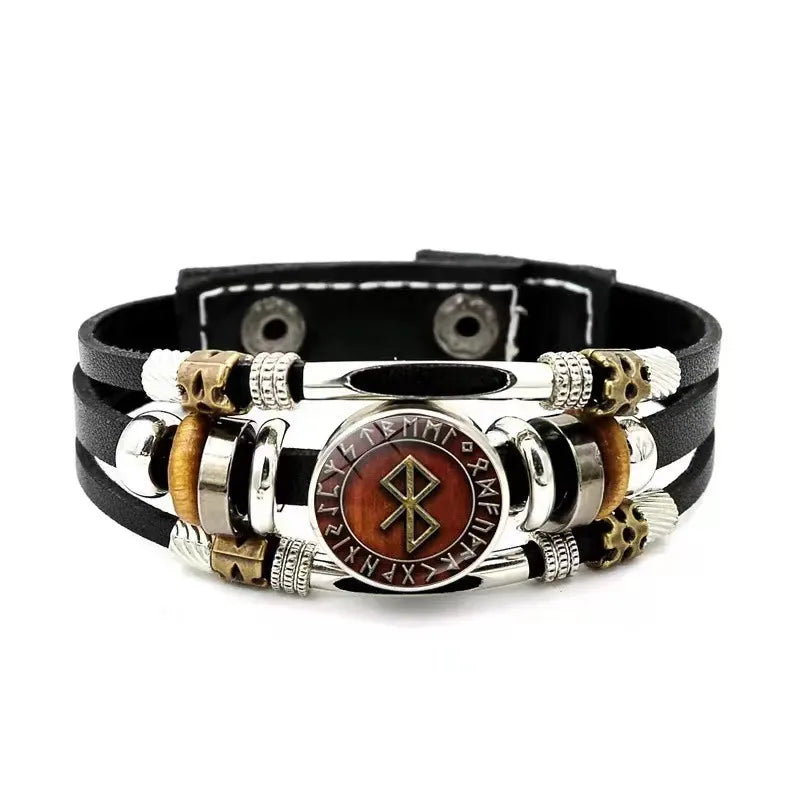 New Alloy Beads Woven Bracelet Nordic Viking Pirate Aoding Logo Compass Leather Bracelet for Men and Women