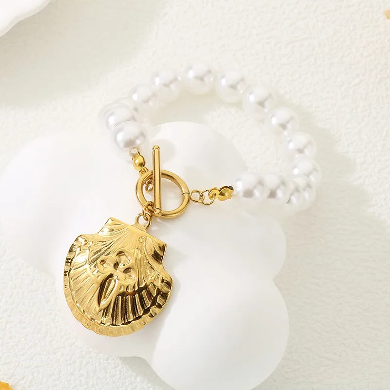 Beach Sweet New Style Starfish Conch Heart Shape 304 Stainless Steel 18K Gold Plated Beaded Chain Bracelets In Bulk