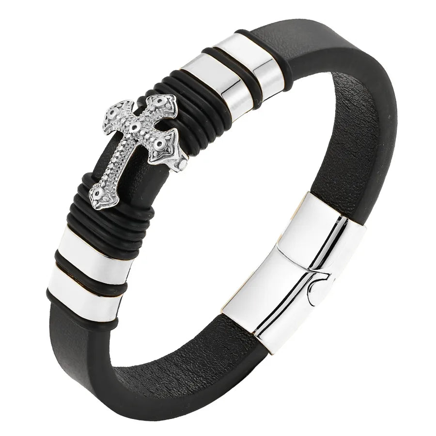 Vintage Style Classic Style Cross Pu Leather Titanium Steel Woven Chain Wrap Bracelets Wholesale