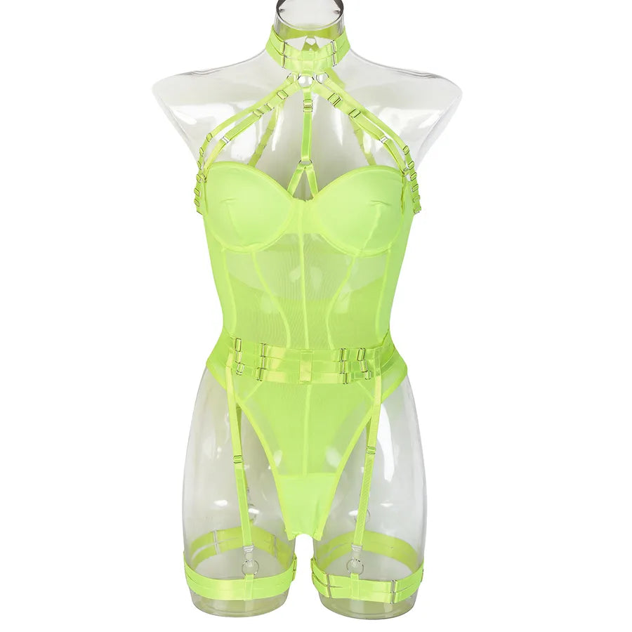 european station cross-border new sexy jumpsuit ins mesh strap stitching complex heavy craft neck sling leg ring