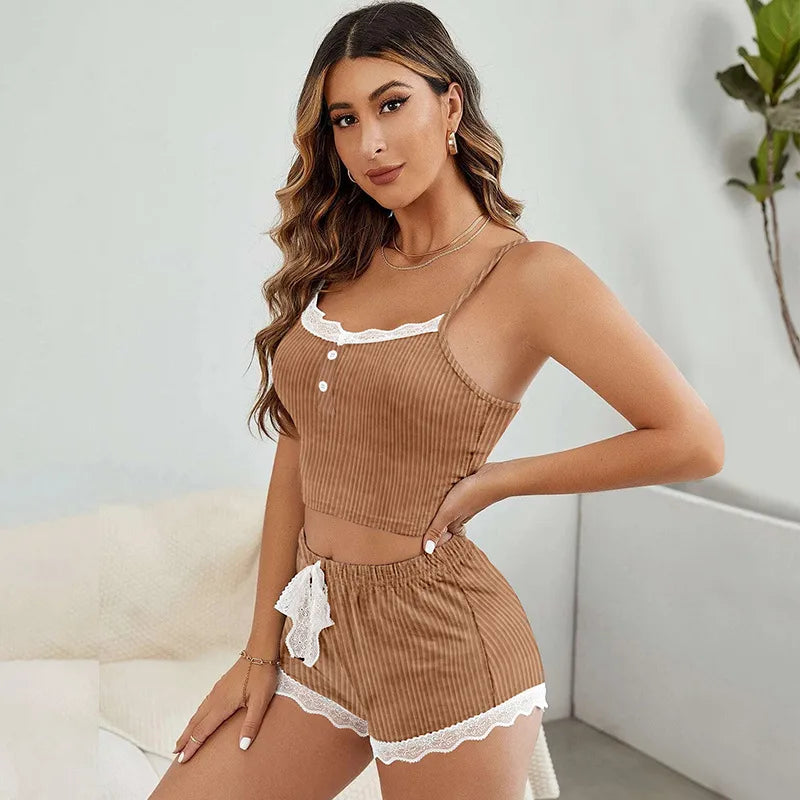 Summer New   Sling Shorts Lace Sexy Girl Pajamas suit Outer Wear Home Clothes