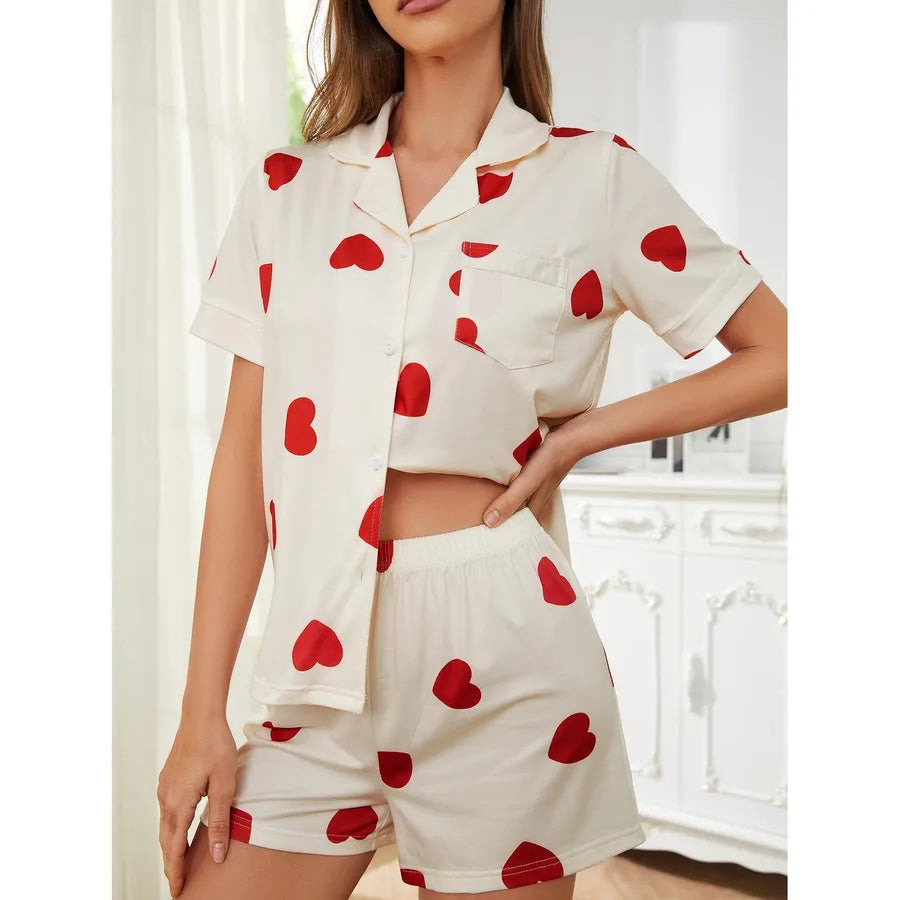Women's Home Clothes Spring and Summer Love Printed Comfortable Short-sleeved Shorts Two-piece Pajamas for Women OZON