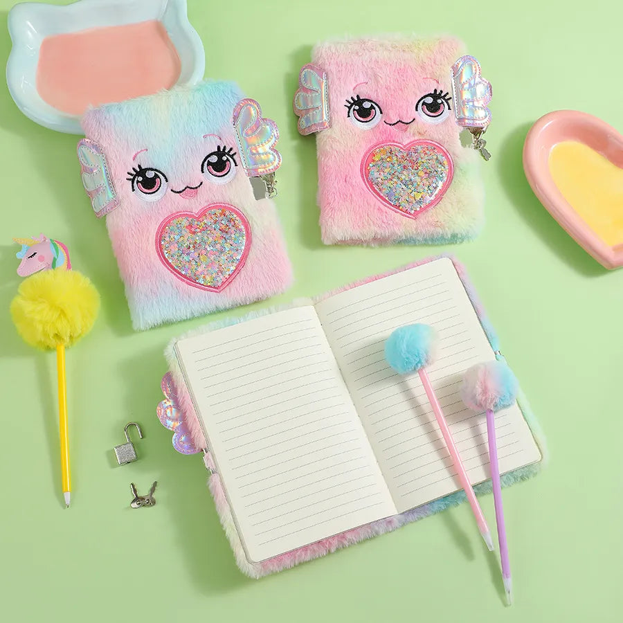 Cute Cartoon Plush Notebook With Lock For Students A5 Size Smiley Face Design Girls Big Eyes Holiday Gift Book