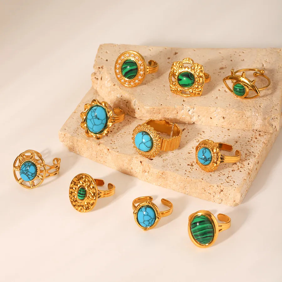 Wholesale Jewelry Casual Retro Irregular Oval Eye 304 Stainless Steel Natural Stone Turquoise 18K Gold Plated Polishing Plating Inlay Open Rings Rings