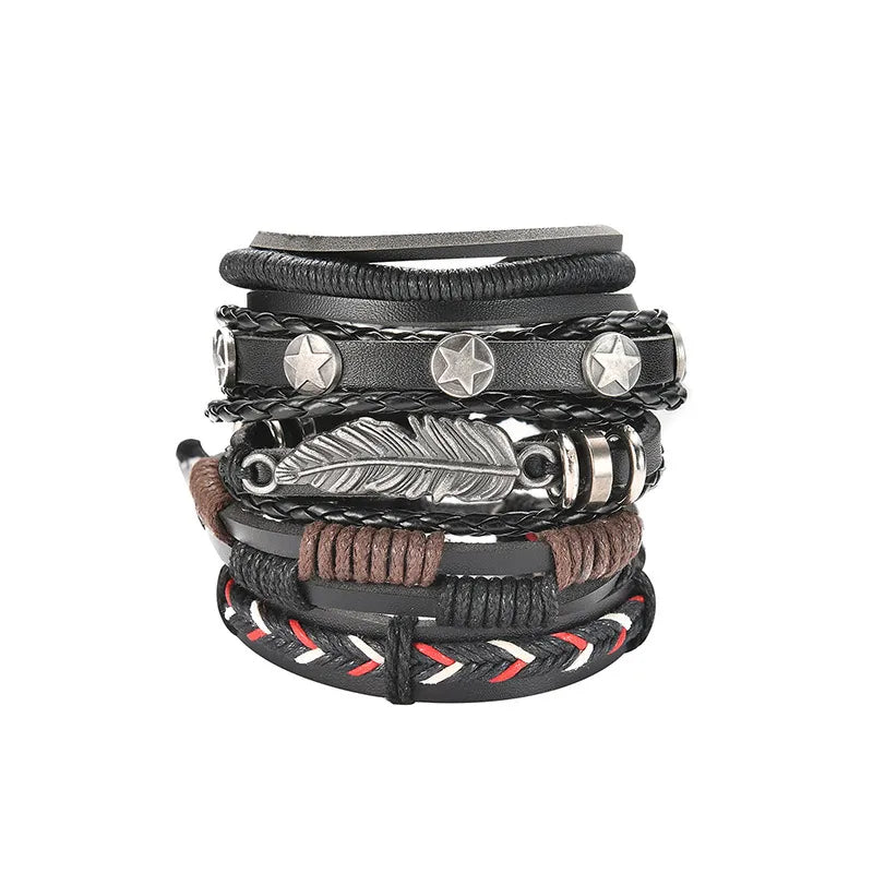 ethnic style feather pu leather alloy patchwork men's bracelets