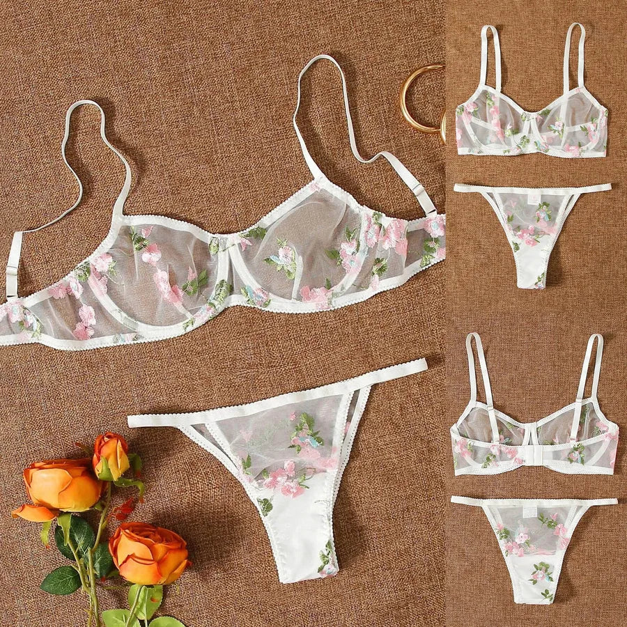 flower sheer bra sexy embroidery see-through low waist see-through sexy lingerie