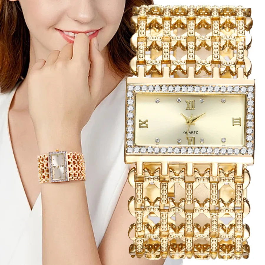 Fashion   hot Square Diamond Women's Quartz Watch Casual Golden Stainless Steel Women's Watch