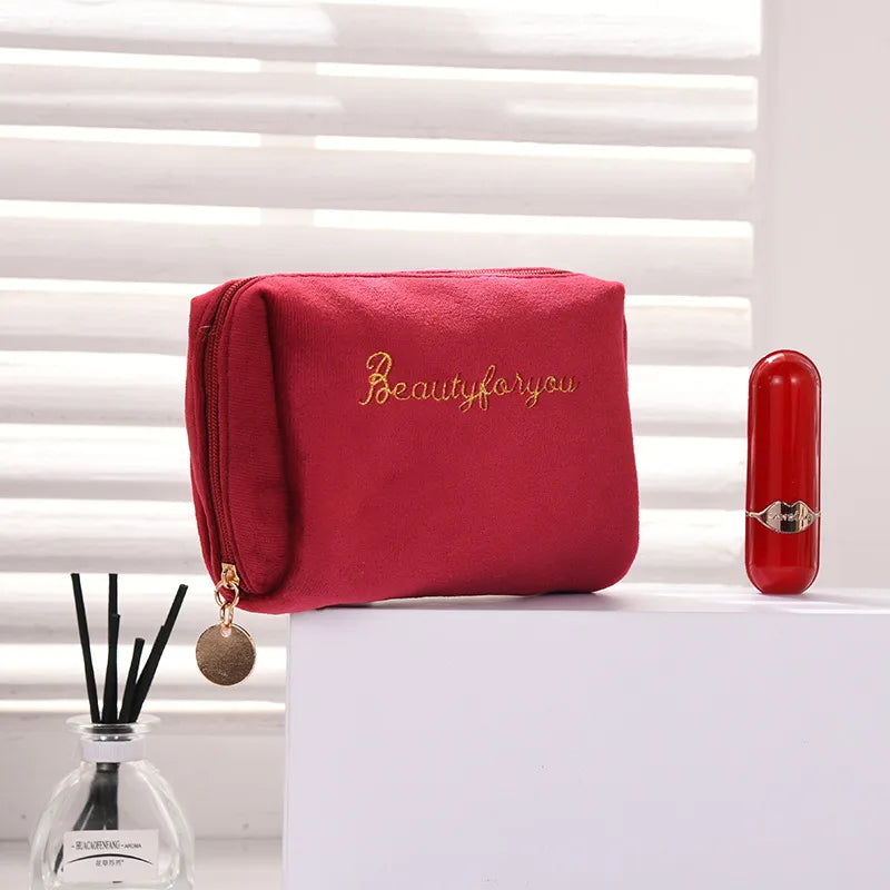 velvet zipper double layer large capacity cosmetic storage bag