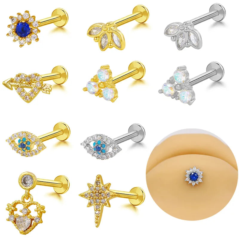 1 Piece Lip Rings Hip-Hop Vintage Style Rock Star Heart Shape Floral 316L Stainless Steel  Copper Inlay Resin Glass Gold Plated Lip Rings