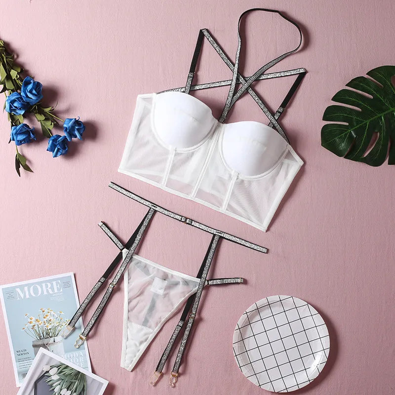 Silver Shoulder Belt Cup Gathering Garter Belt Three-piece Set Sexy Underwear Set Neck Belt Steel Ring for Women