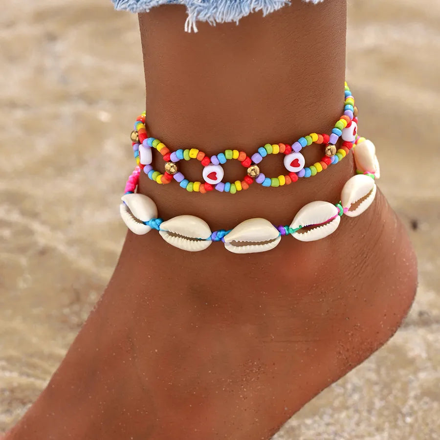 Europe and the United States  new summer beach holiday style dopamine color rice beads beaded foot ornaments shell accessories anklet