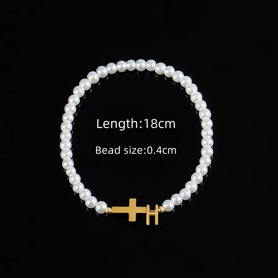 Classic Style Cross Letter 304 Stainless Steel Artificial Pearl Beaded Chain Beaded Bracelets Wholesale