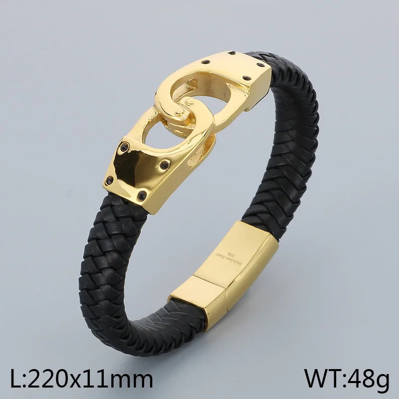 Business Color Block 304 Stainless Steel Leather Plating 18K Gold Plated Men's Bangle