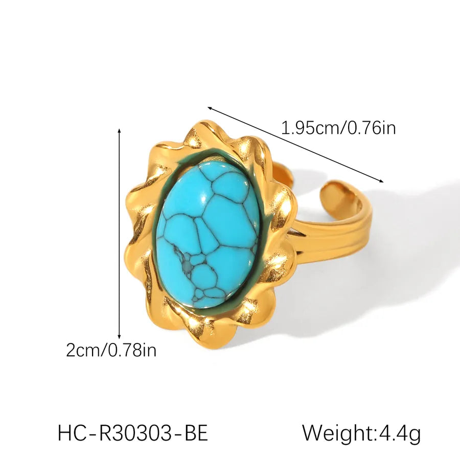 Wholesale Jewelry Casual Retro Irregular Oval Eye 304 Stainless Steel Natural Stone Turquoise 18K Gold Plated Polishing Plating Inlay Open Rings Rings
