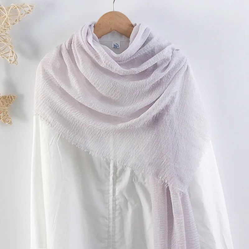 Hot selling solid color pleated cotton and linen scarf  women's bag headscarf crumpled hair fringe bubble scarf women's scarf cover head