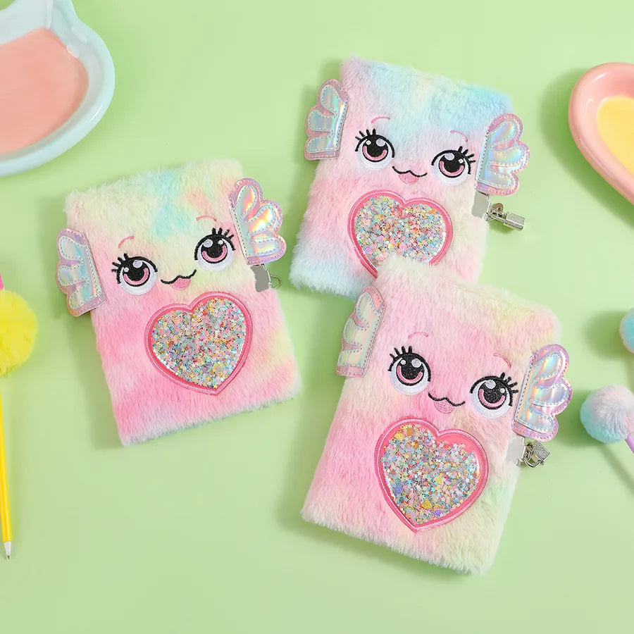 Cute Cartoon Plush Notebook With Lock For Students A5 Size Smiley Face Design Girls Big Eyes Holiday Gift Book