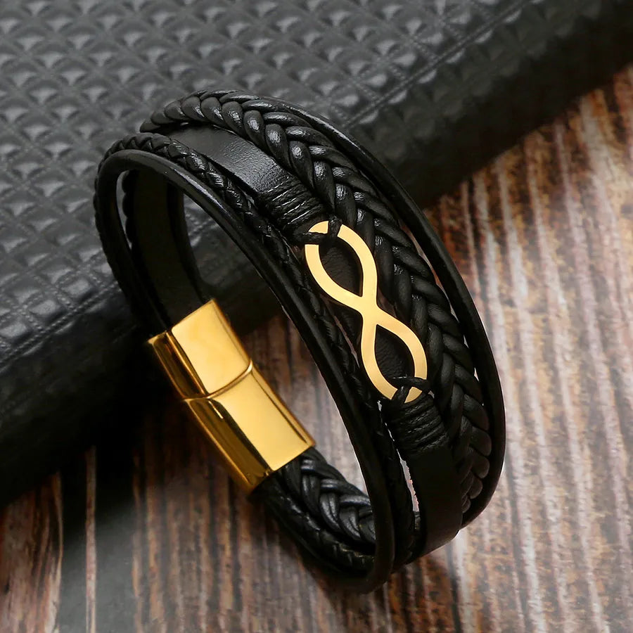 retro number leather titanium steel braid men's bangle