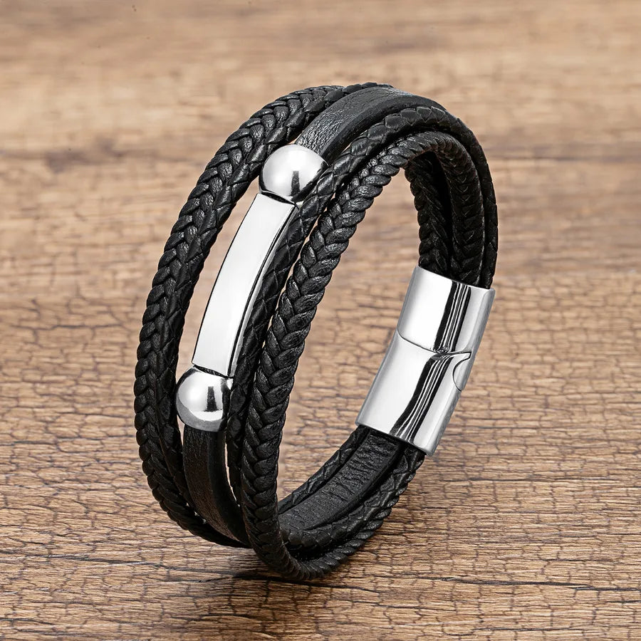 hip-hop punk geometric pu leather metal layered handmade metal button men's bracelets