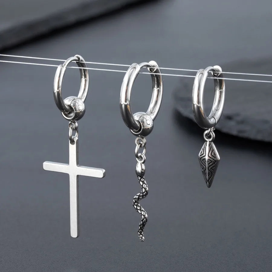 1 Piece Hip-Hop Punk Cross Snake 316 Stainless Steel  Drop Earrings