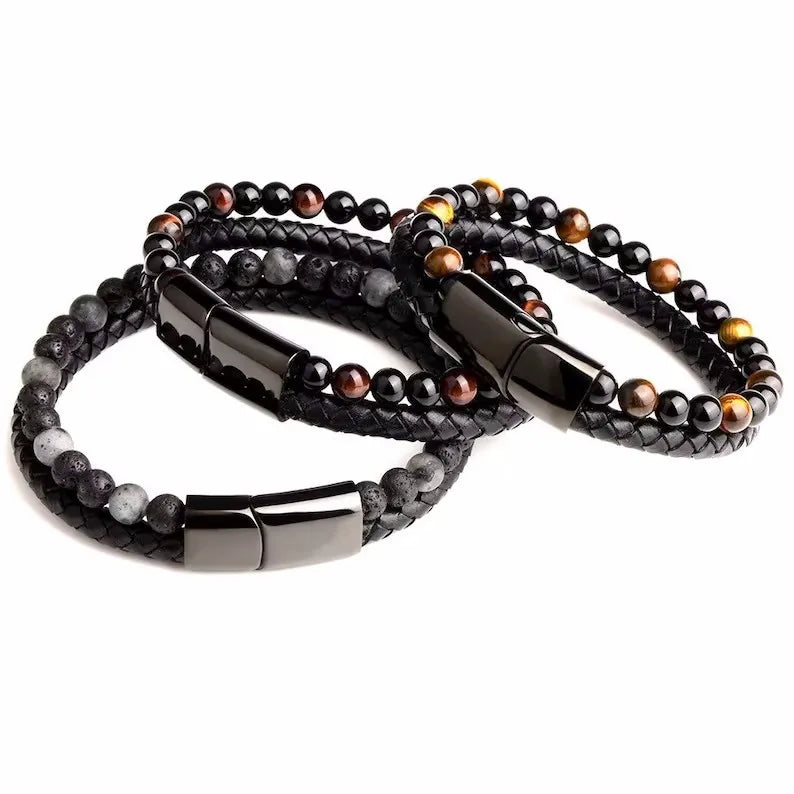 fashion round alloy natural stone beaded braid men's bracelets